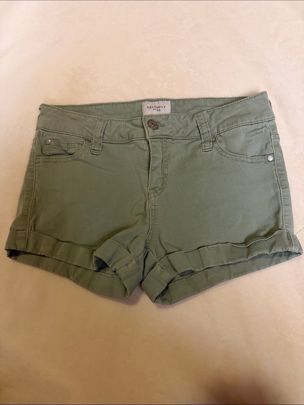 Celebrity Pink Olive Green Roll-Cuff Jean Shorts